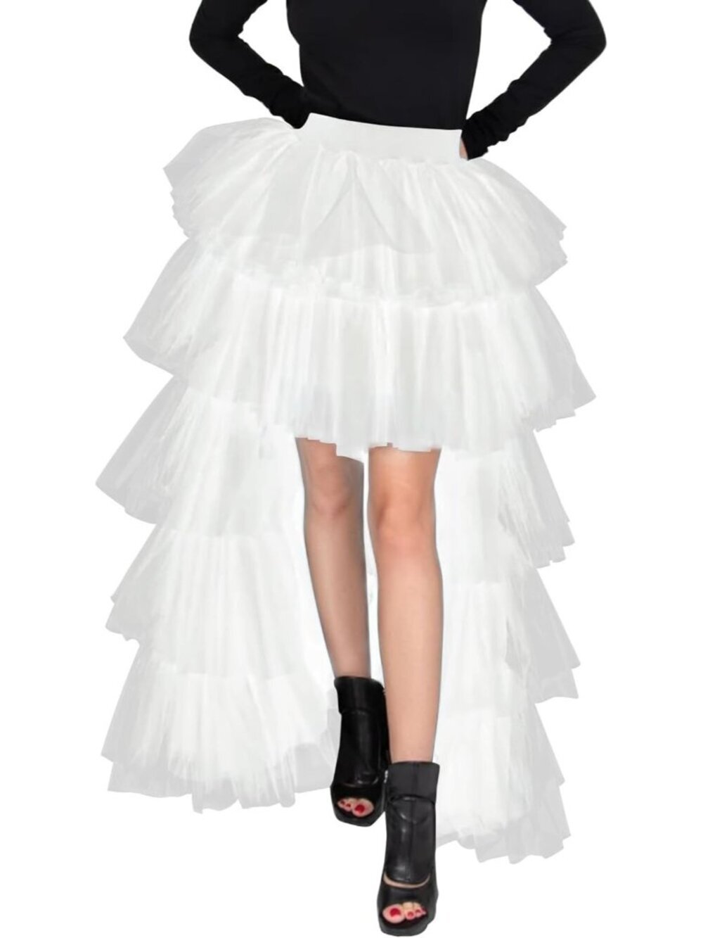 Women's White High Low Tutu Tulle Sweet Elastic Waist Mesh Long Skirt